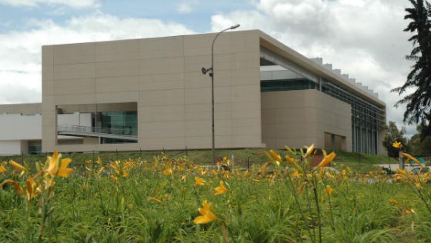 Vista exterior de un moderno complejo acuático rodeado de jardines y flores amarillas, cuya arquitectura contemporánea se integra con el entorno natural y los espacios verdes que lo rodean.