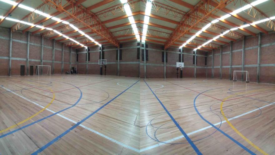 Cancha cubierta multipropósito del Coliseo Cayetano Cañizares, con piso de madera demarcado para diferentes disciplinas deportivas, arcos y tableros de baloncesto, en un amplio espacio destinado al entrenamiento y la competencia.
