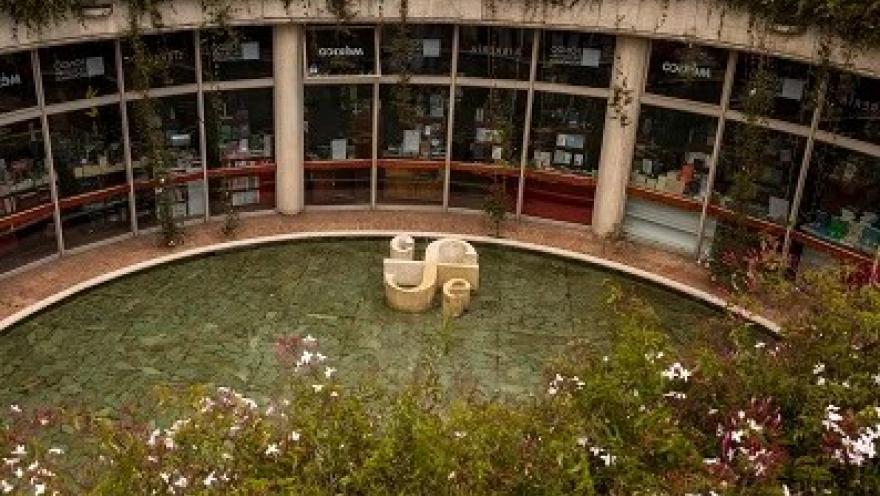 Patio interior del Centro Cultural Gabriel García Márquez, con un espejo de agua circular rodeado de jardines floridos y locales de la librería del Fondo de Cultura Económica. La arquitectura curva de ladrillo y concreto enmarca el espacio, característico del diseño de Rogelio Salmona.