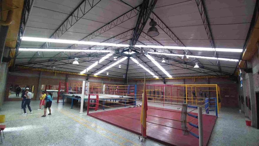 Área de entrenamiento de boxeo del Coliseo Cayetano Cañizares, equipada con varios cuadriláteros y espacios para la práctica deportiva, donde atletas y entrenadores desarrollan actividades de formación y preparación física en un ambiente cubierto y amplio.