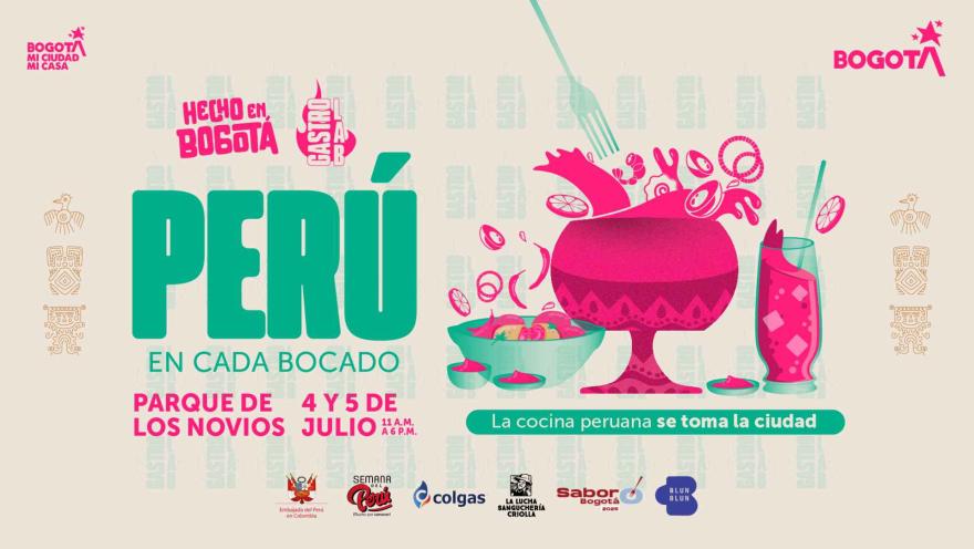 Flyer blanco de Hecho en Bogotá con el letrero Perú en cada bocado e ilustraciones de platos típicos rosadas y verdes.