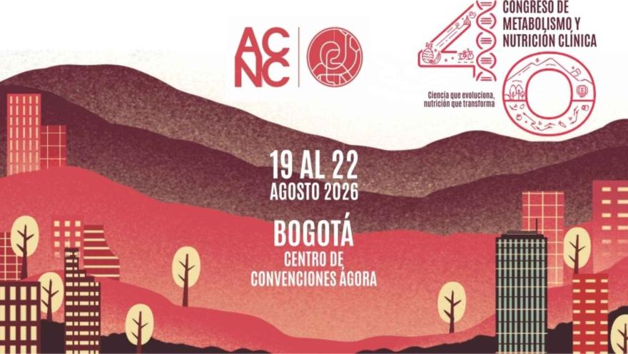 Flyer en tonos rojizos y beige con ilustraciones de montañas, edificios, árboles y logos médicos del evento en Bogotá.