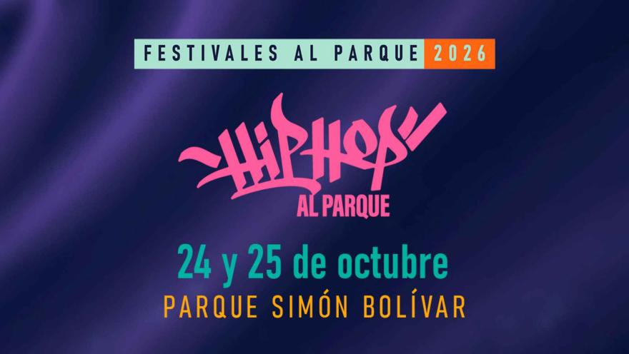 Publicidad del festival con el logo tipo graffiti rosa sobre un fondo azul oscuro.