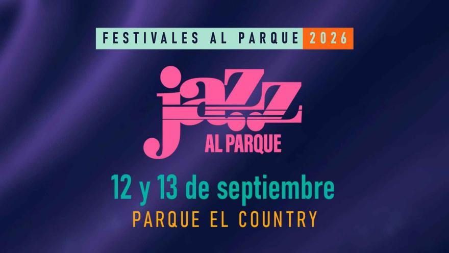 Graphic design featuring the pink logo on a textured background in shades of blue and purple with the words “Jazz al Parque.”