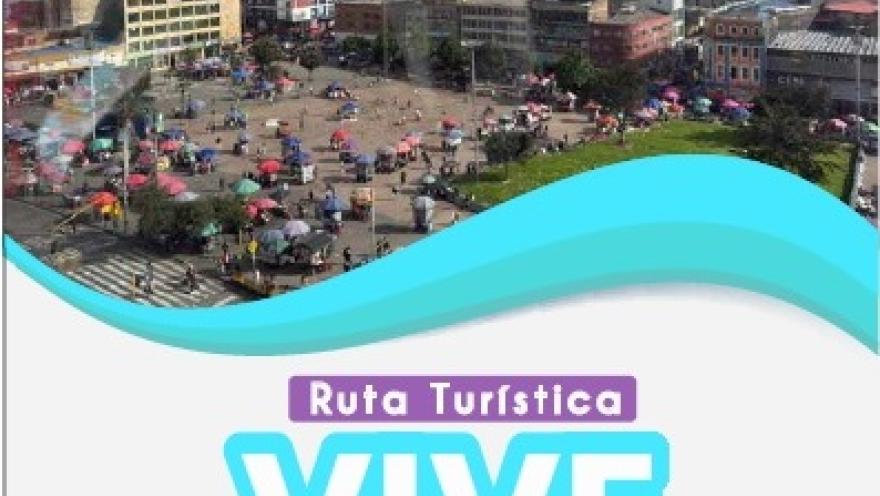 Imagen promocional de la Ruta Turística Vive San Victorino, con una vista panorámica del sector comercial y urbano del centro de Bogotá. En primer plano destaca el logotipo de la ruta, que invita a descubrir la historia, la cultura y la amplia oferta de compras de este emblemático destino de la ciudad.