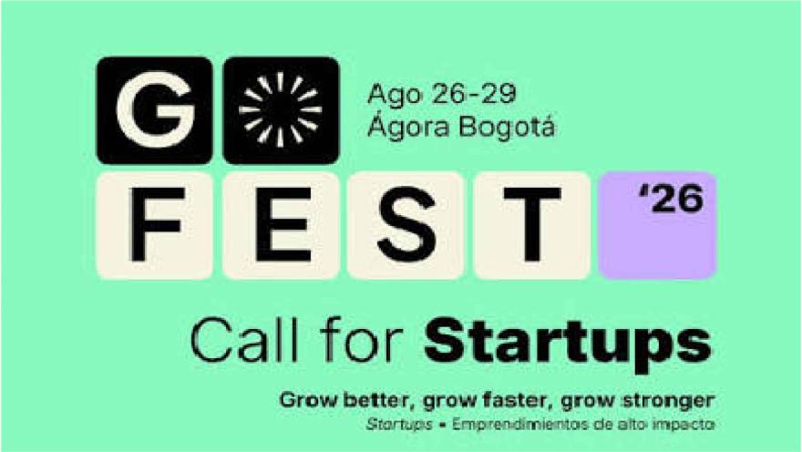 G FEST '26 Flyer: Call for Startups, August 26–29 at Ágora Bogotá. Clean design in mint and white.