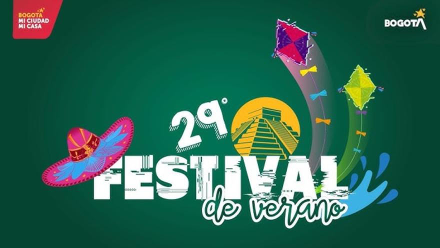Fondo verde con el texto "29° FESTIVAL de verano", acompañado de un sombrero mexicano, una pirámide y cometas.