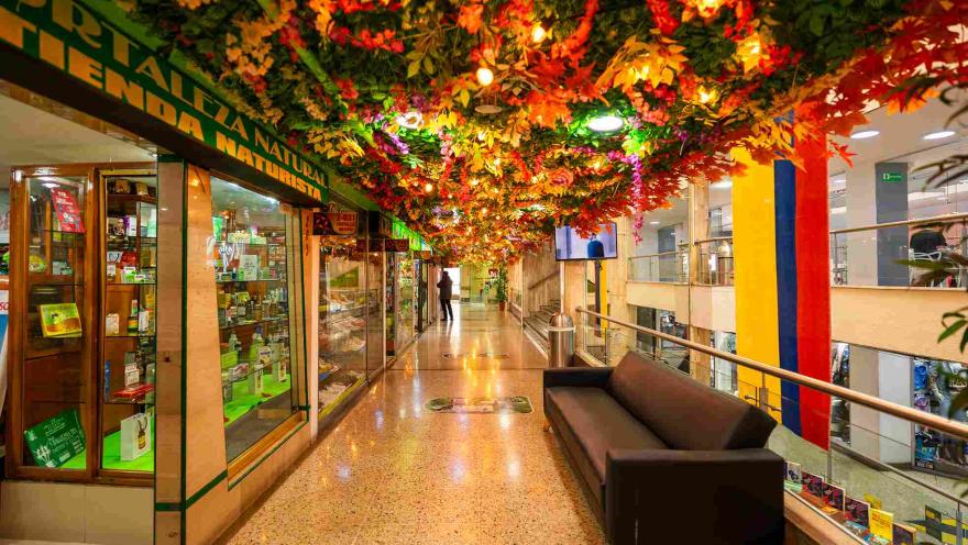 Un corredor de Galerías sorprende con una colorida decoración vegetal en el techo, creando un ambiente llamativo y acogedor para los visitantes.