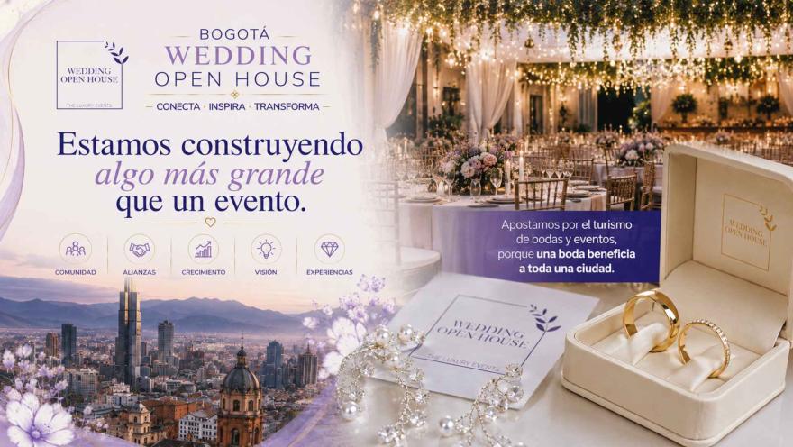 Collage promocional con salón de bodas iluminado, anillos dorados en su estuche y vista panorámica de Bogotá.
