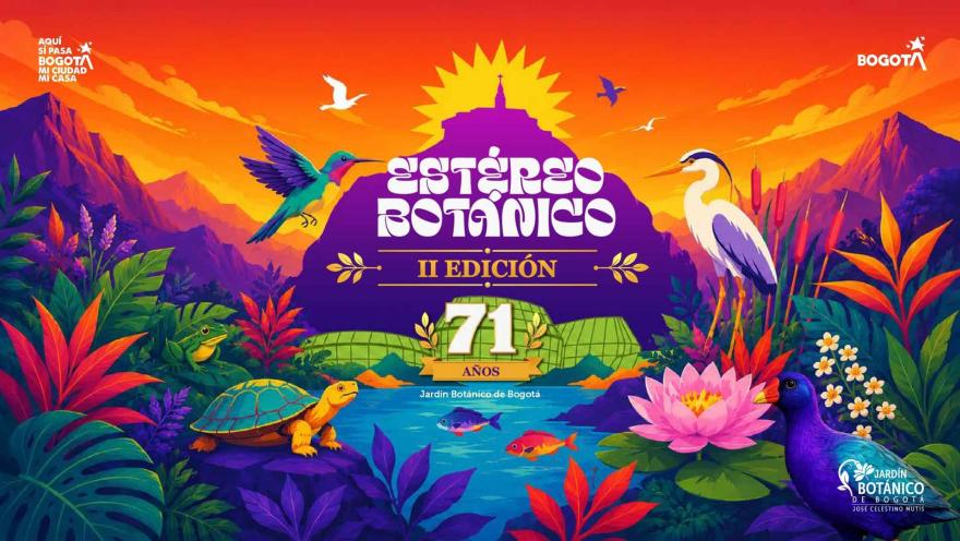 Ilustración colorida de la naturaleza de Bogotá con aves, una tortuga y plantas, anunciando Estéreo Botánico II.