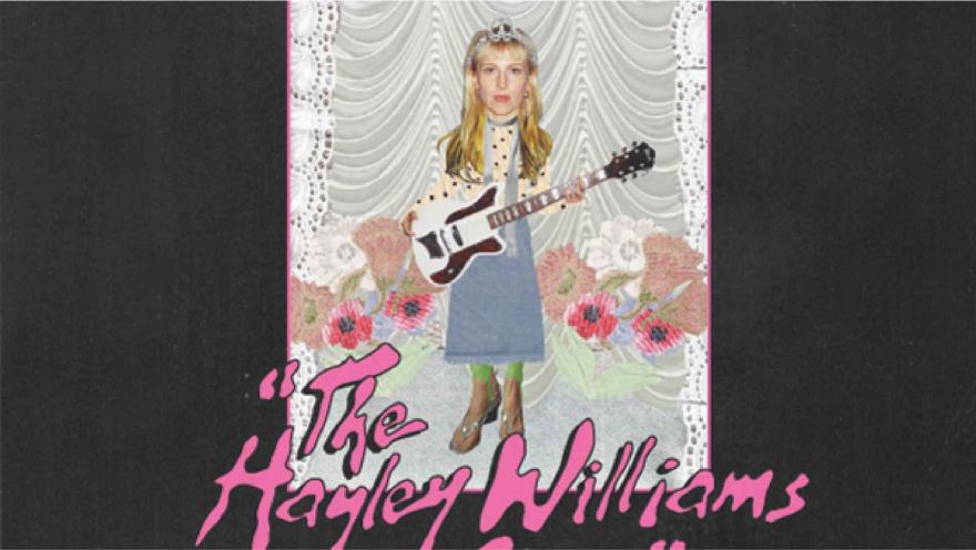 Un cartel de estilo artístico con Hayley Williams con una pequeña corona y un vestido azul, sosteniendo una guitarra blanca sobre un fondo floral.