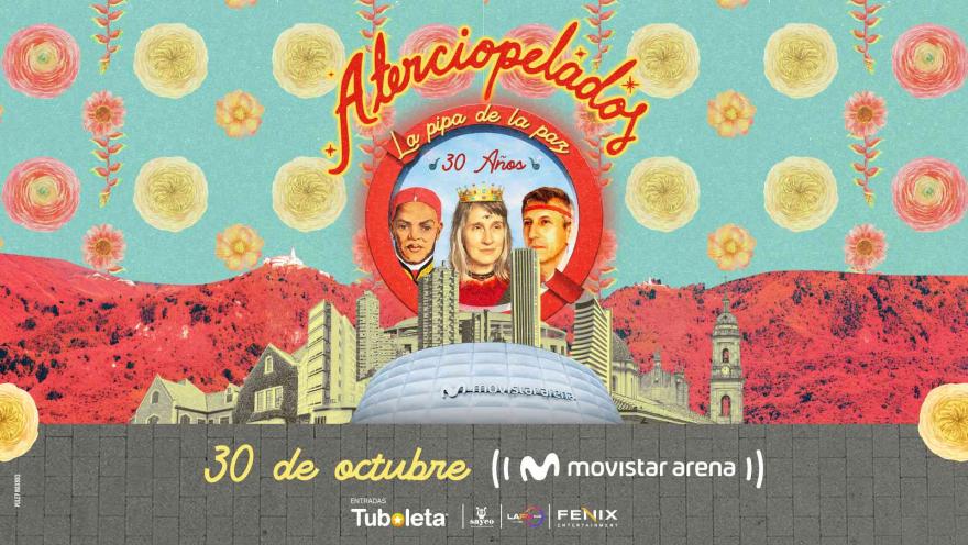 Cartel colorido estilo collage con retratos de los tres músicos enmarcados en rojo sobre un paisaje de Bogotá en rojo y rosa.