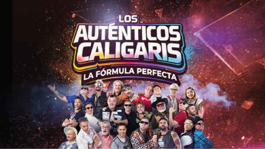 Una gran foto grupal de la banda argentina "Los Auténticos Decadentes" con el título "La Fórmula Perfecta" sobre un fondo de confeti.