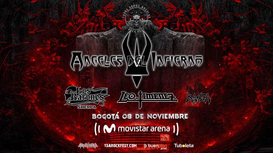 Un diseño gótico oscuro y rojo con figuras demoníacas y un tridente metálico en el centro.
