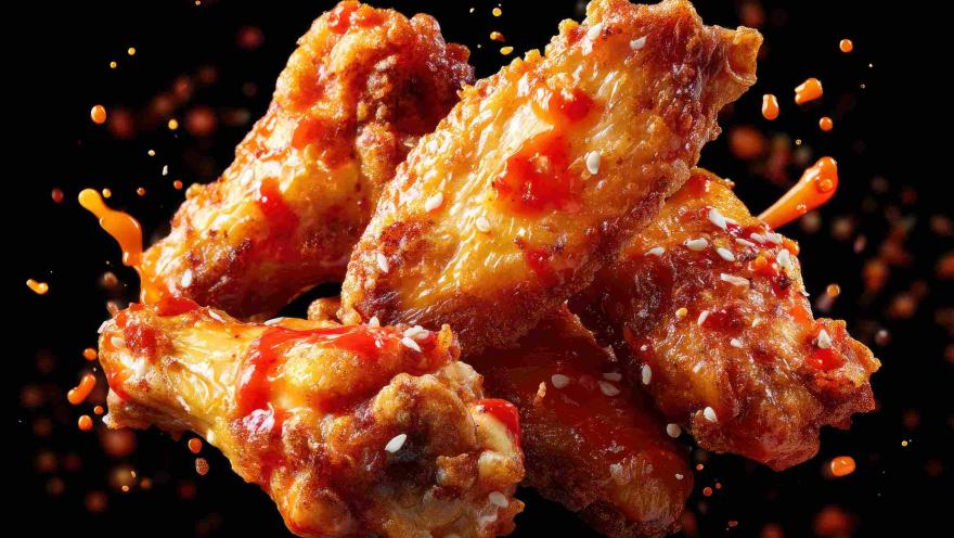 Foto1: Alitas de pollo crujientes bañadas en salsa picante y espolvoreadas con semillas de sésamo. Imagen de pngtree.com