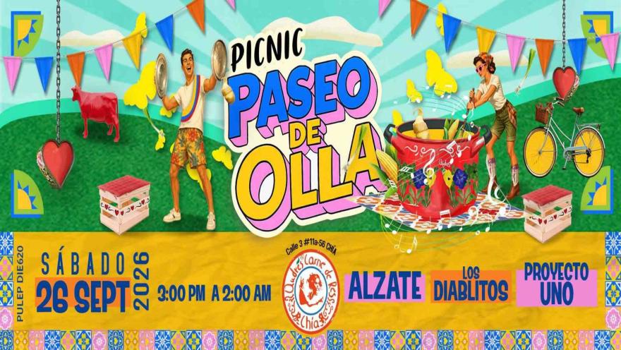 Cartel promocional del evento Picnic Paseo de Olla en Chía con ilustración festiva y artistas invitados.