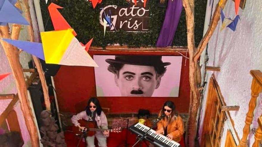 A live music performance at El Gato Gris, featuring two artists playing guitar and keyboard.