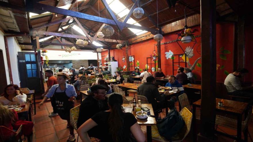 Vista general del salón comedor de Peri Peri con techo alto de madera, lámparas tejidas y mesas ocupadas. 