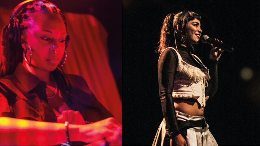 Composición de dos fotos: una DJ con audífonos bajo luz roja y una cantante actuando en escenario.