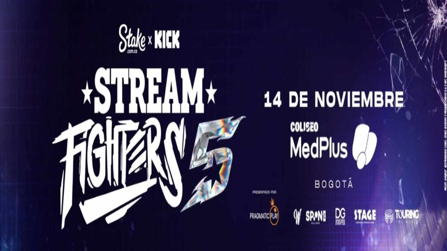 Cartel publicitario del evento Stream Fighters 5 en el Coliseo MedPlus de Bogotá el 14 de noviembre.