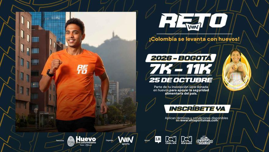 Banner del evento deportivo Reto Win 2026 en Bogotá, con un corredor vistiendo camiseta naranja en la calle.