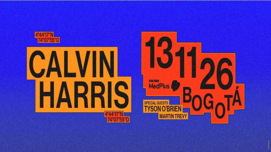Banner azul y naranja del concierto de Calvin Harris en Bogotá el 13 de noviembre de 2026 en Coliseo MedPlus.