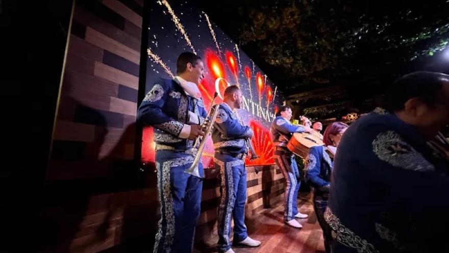 Grupo de mariachis interpretando música en vivo durante una presentación en Cantina La 15.