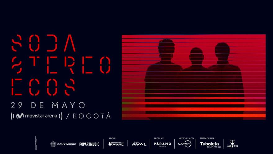Póster promocional del show Soda Stereo Ecos el 29 de mayo en el Movistar Arena, con siluetas en tonos rojos.